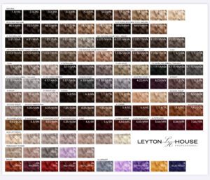 A large collection of hair color swatches from dark to light and vibrant shades.