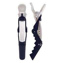 A pair of black and white plastic scissors.