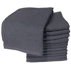 A stack of gray towels folded in half.