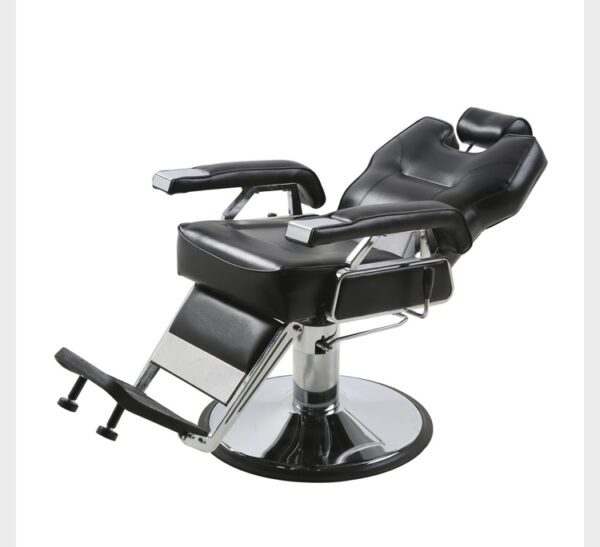 A black barber chair with chrome frame and seat.