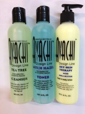 Three bottles of hair products are shown.