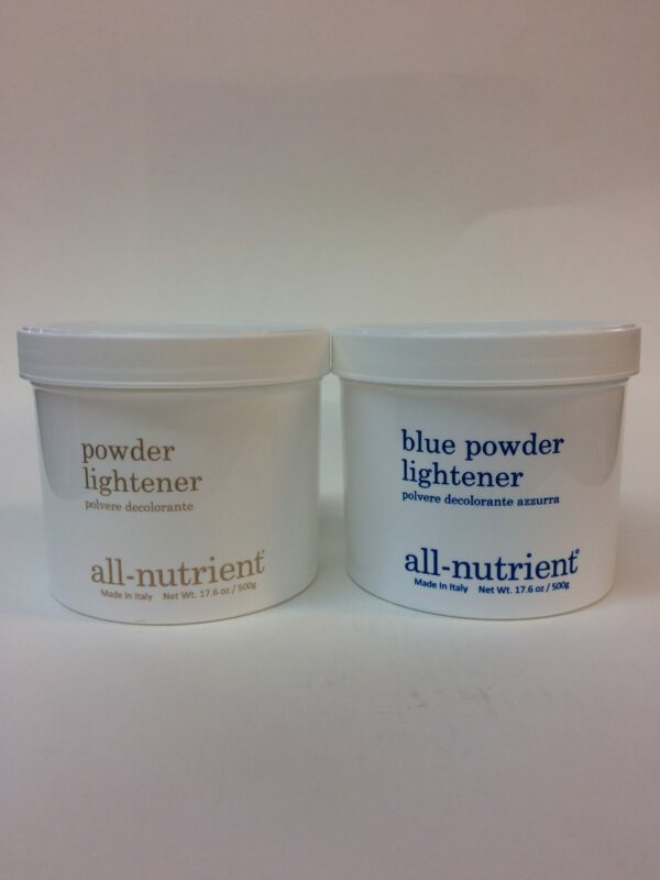 Two containers of powder are labeled with the words " blue powder lightener ".