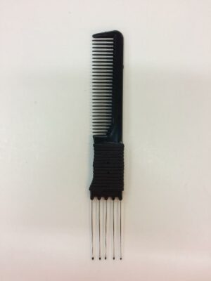 A comb with six metal pins on the side of it.