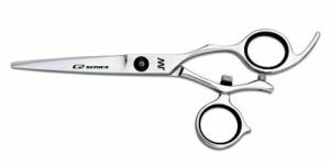 A pair of scissors with black handles and a hole in the middle.