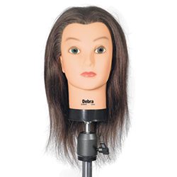 A mannequin head with long hair on top of it.