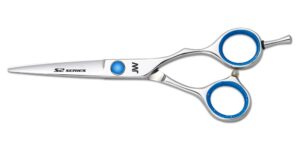 A pair of scissors with blue handles and white tips.