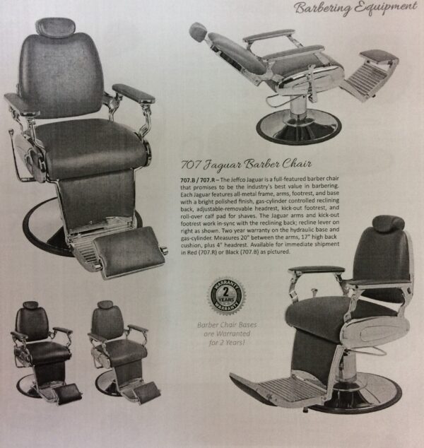 A black and white photo of some barber chairs.