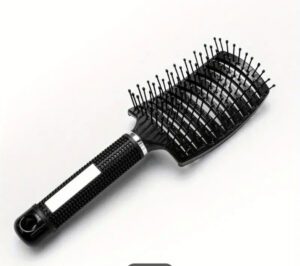 A black rectangular hairbrush with bristles and a vented design.