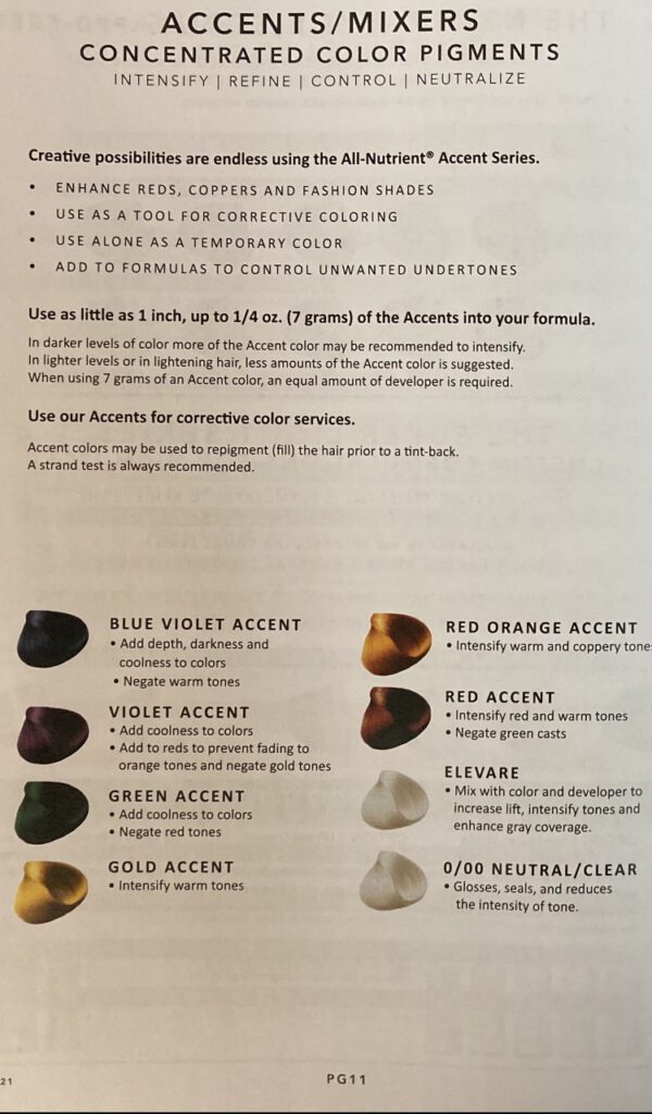 A page of color information for hair coloring.