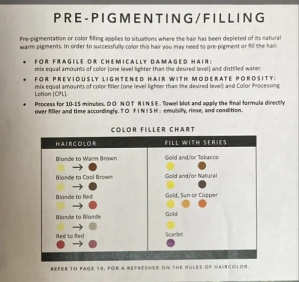 Pre-pigmenting and filling guide with a color flow chart for dental restoration.