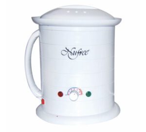 A white electric kettle with the lid up.