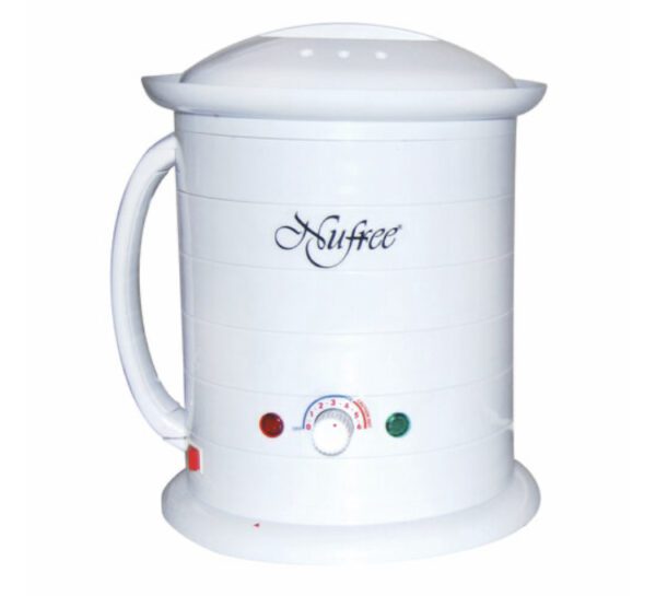 A white electric kettle with the lid up.