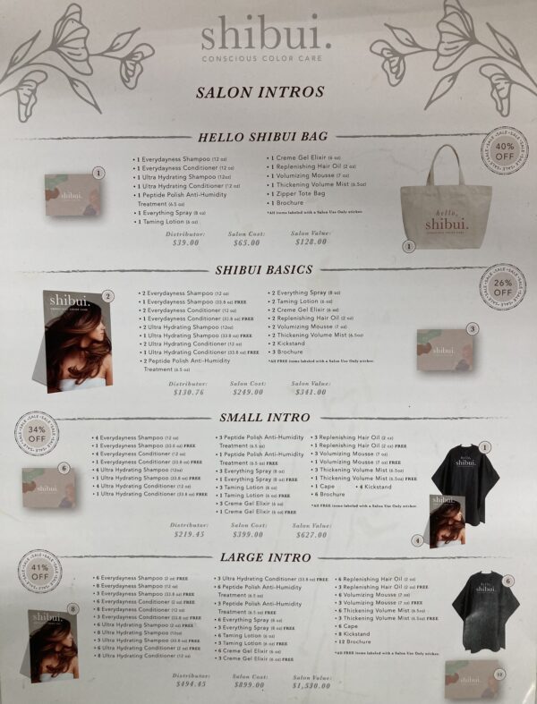 A menu of salon intros and bags